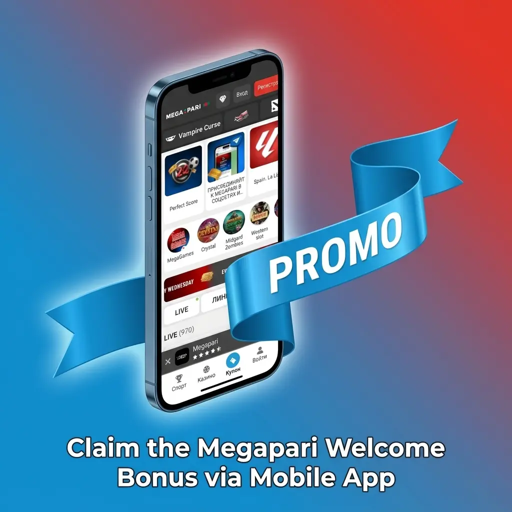 Megapari mobile app welcome bonus claim screen showing registration and deposit steps on Android and iOS devices