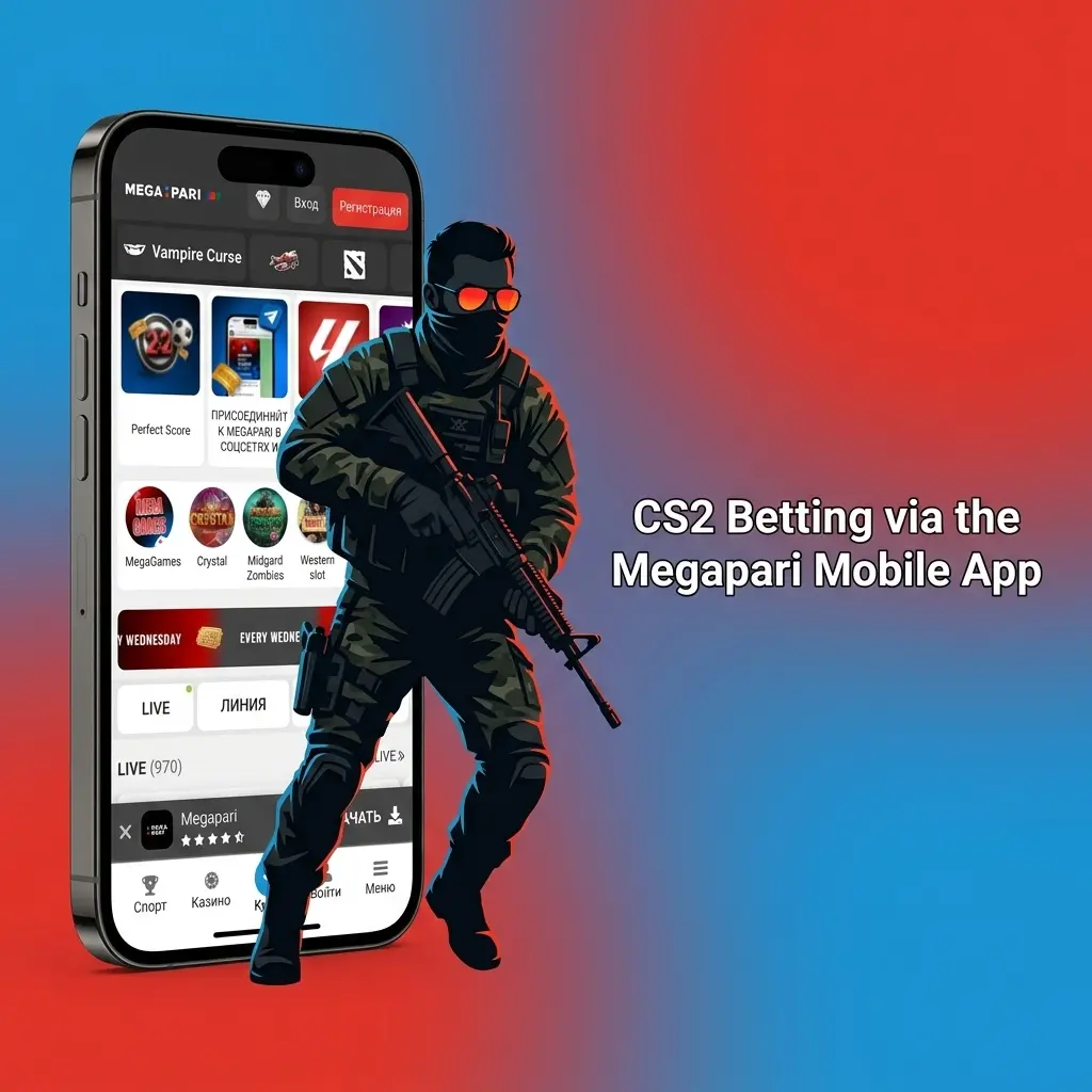 Megapari mobile app interface showing CS2 betting options with live odds and BDT deposit methods for Android and iOS