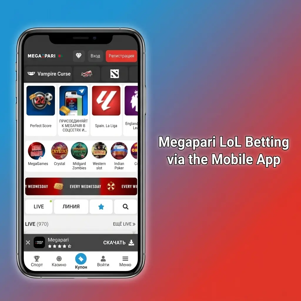Megapari mobile app showing League of Legends betting options on Android and iOS with live odds and BDT payment methods
