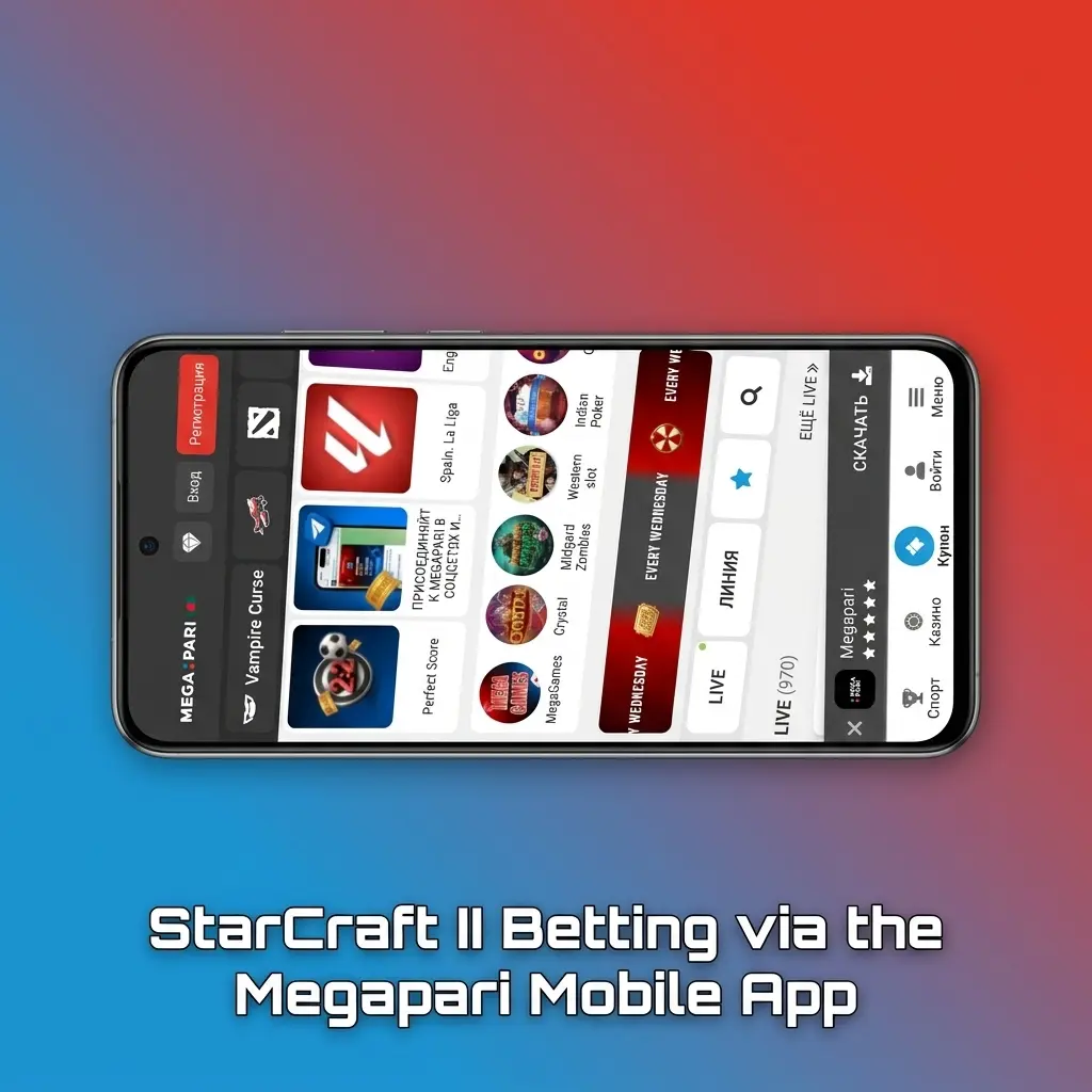 Megapari mobile app interface showing StarCraft II betting markets with live odds and esports navigation menu