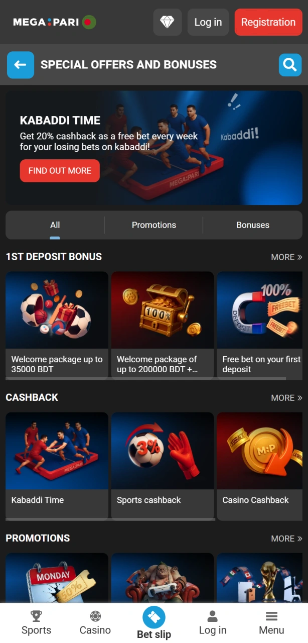 Check out the current bonuses menu in the Megapari App to claim rewards.