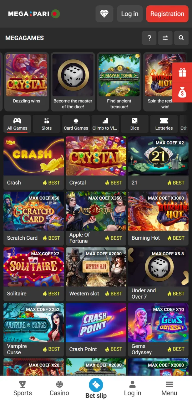 Play top-tier casino games using the mobile Megapari App interface.