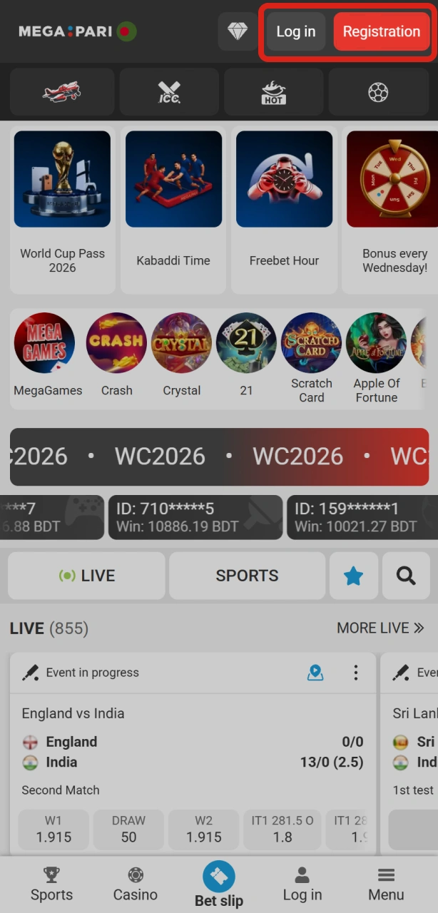 Register a new profile or log in to your Megapari account to bet.