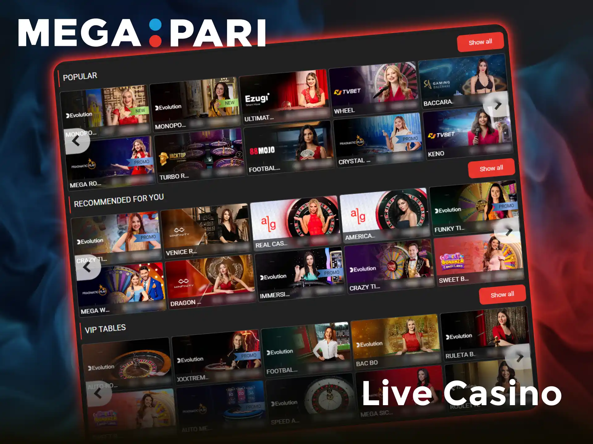 Enter the Megapari Live Casino lobby to play real dealer games.