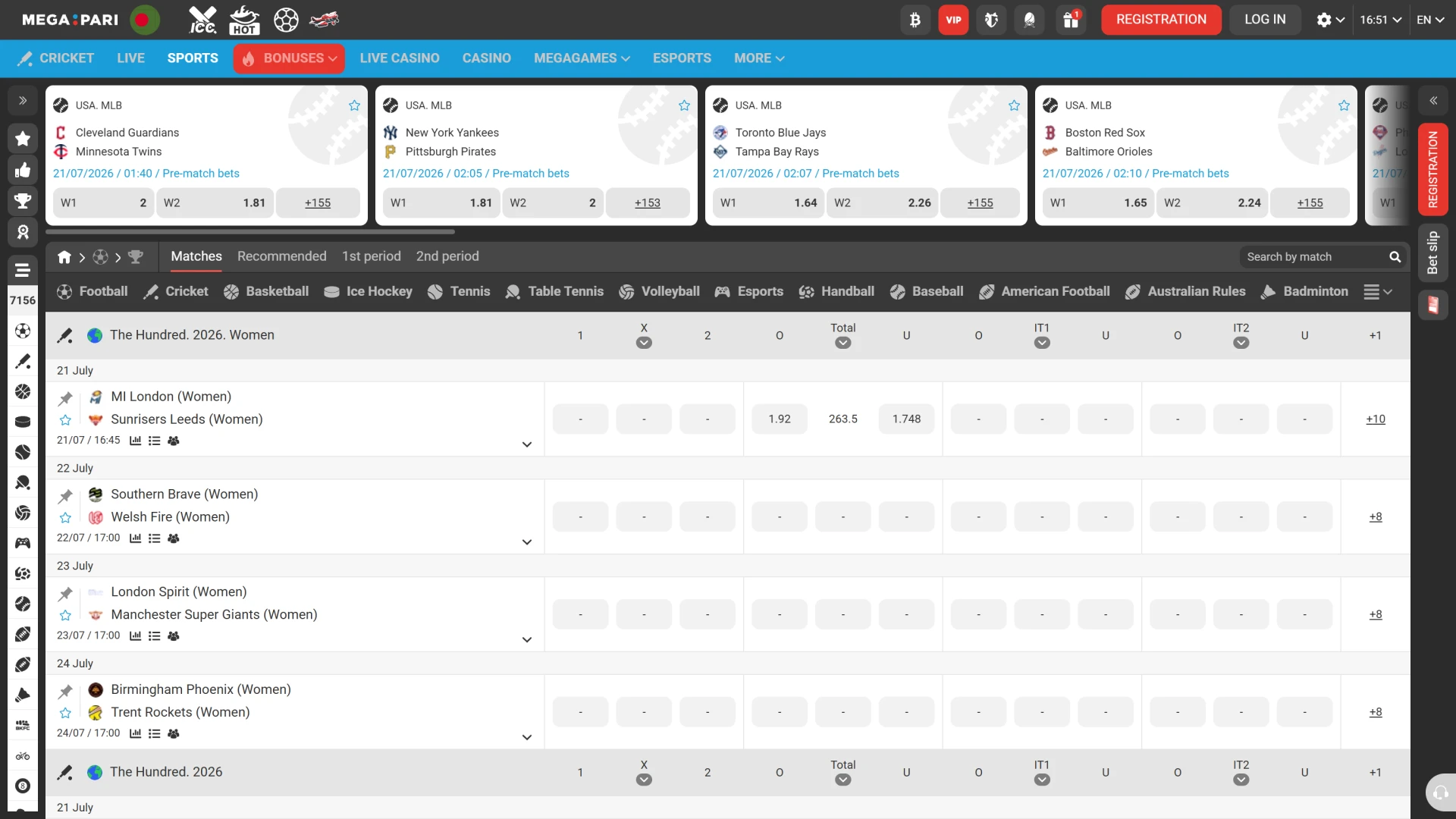 Navigate to the sports section on Megapari to view live betting events.