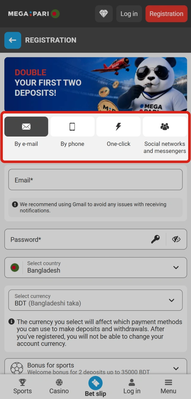 Choose your preferred sign-up method inside the Megapari App dashboard.